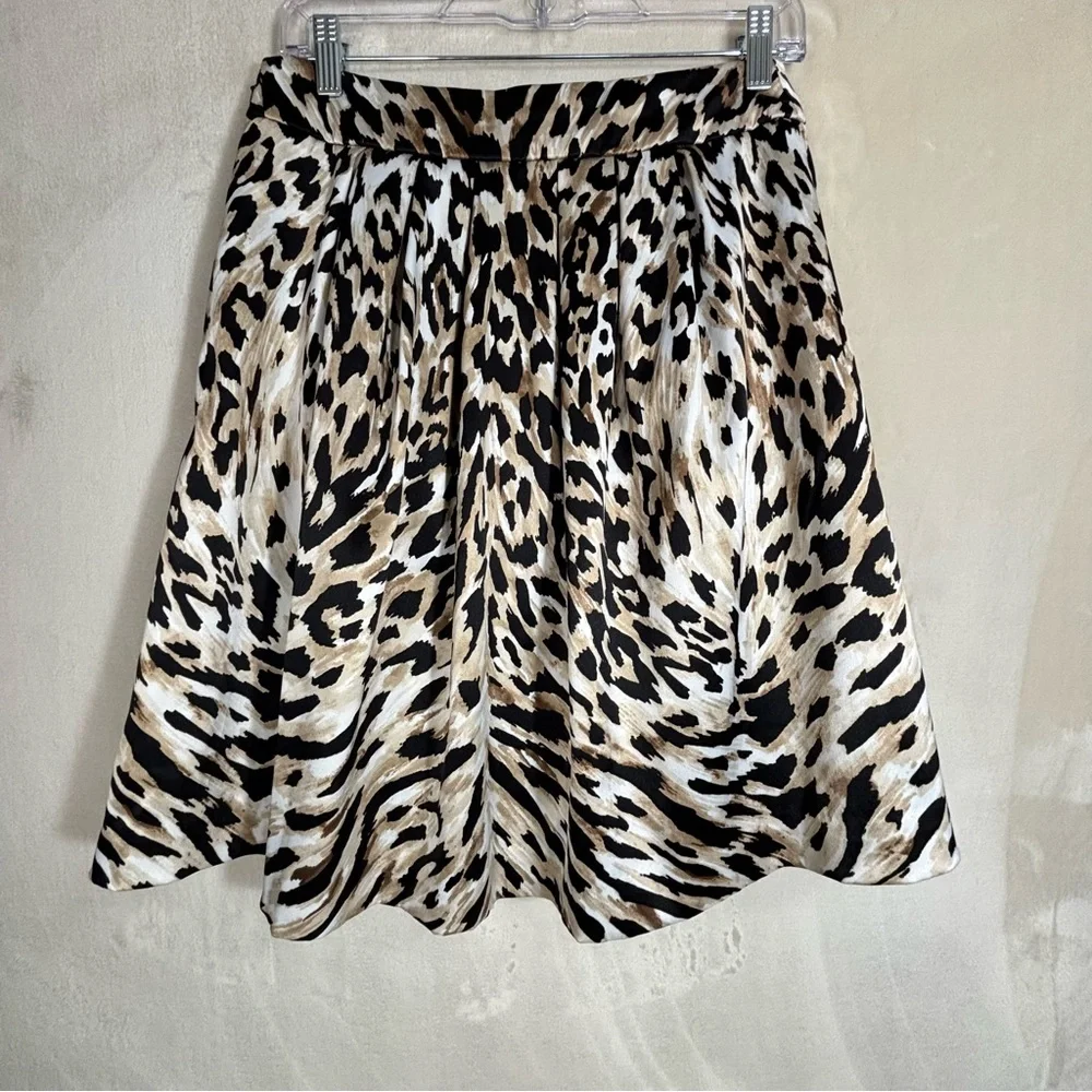 White House Black Market Women’s Leopard Print Pleated A-Line Skirt W/ Pockets